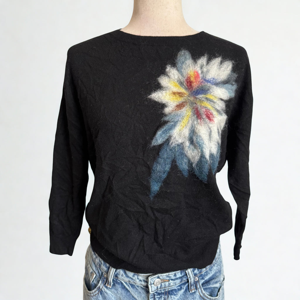 Black Wool Felt Flower Sweater