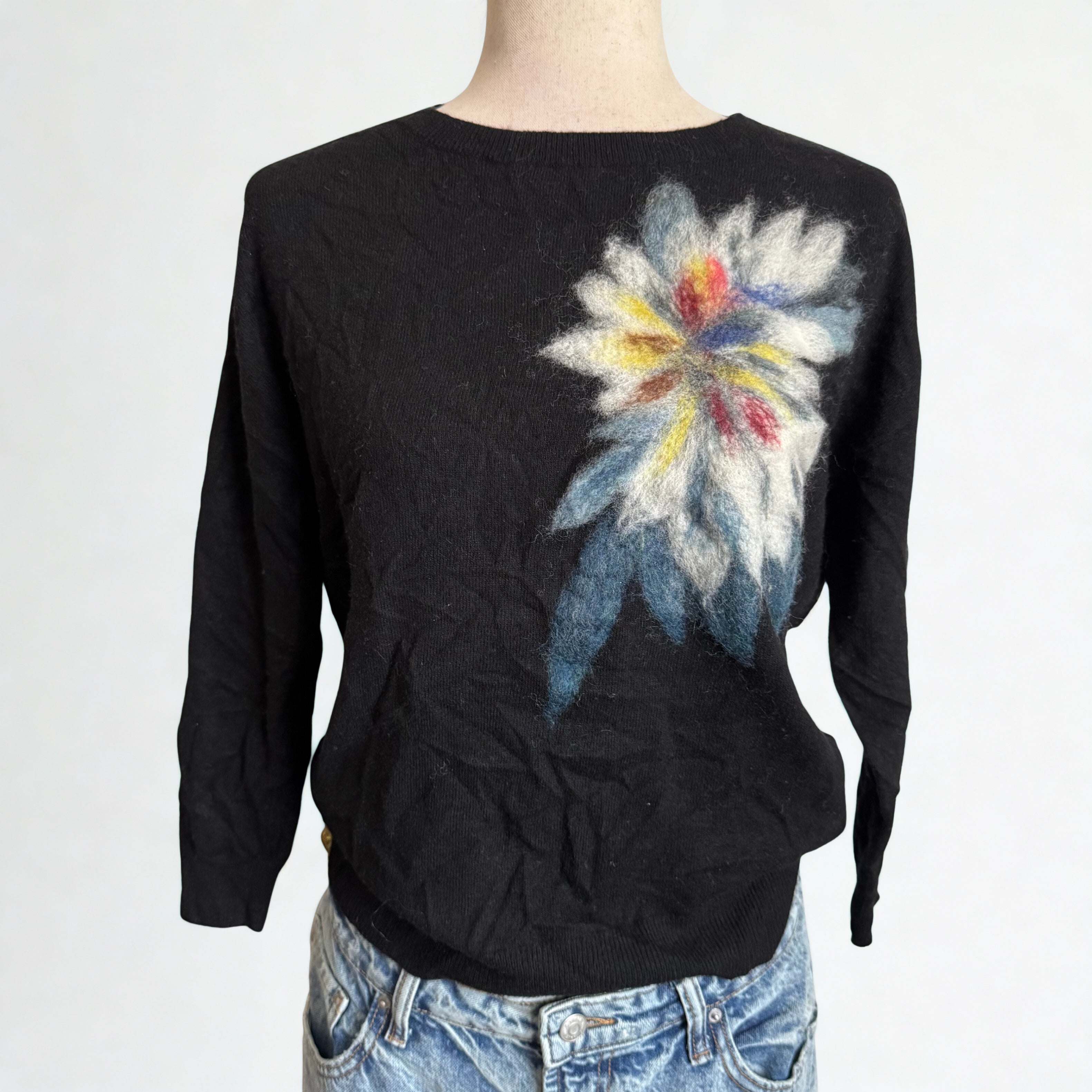 Black Wool Felt Flower Sweater