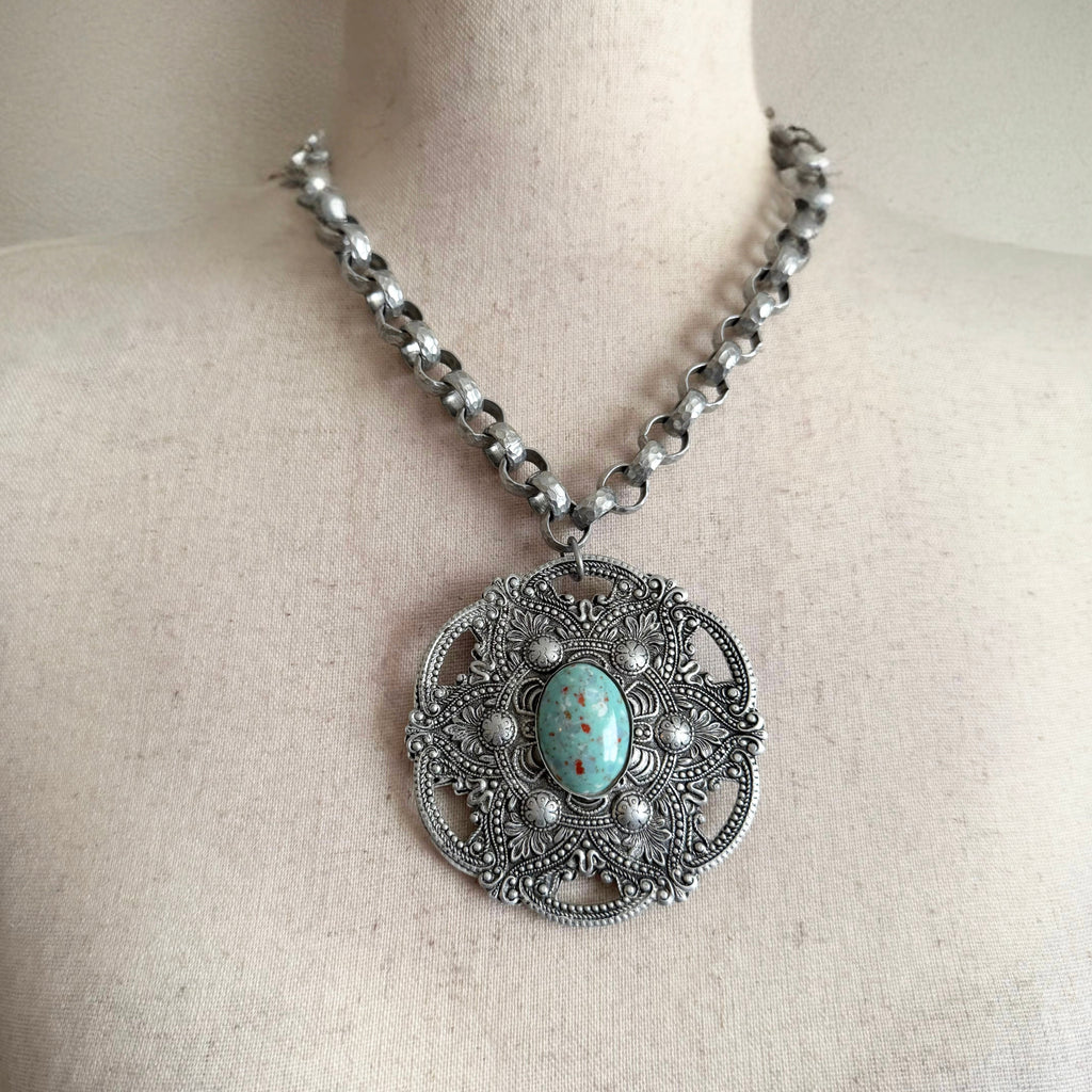 60’s Silver Aluminum Turquoise Western Large Pendant Necklace
