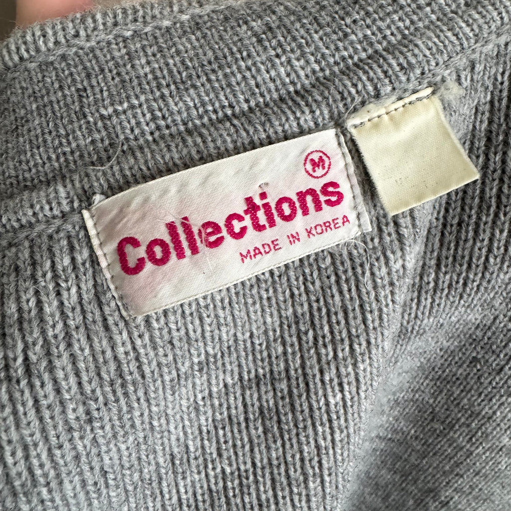 70’s Gray Knit Short Sleeve Tie Collar Cardigan Sweater