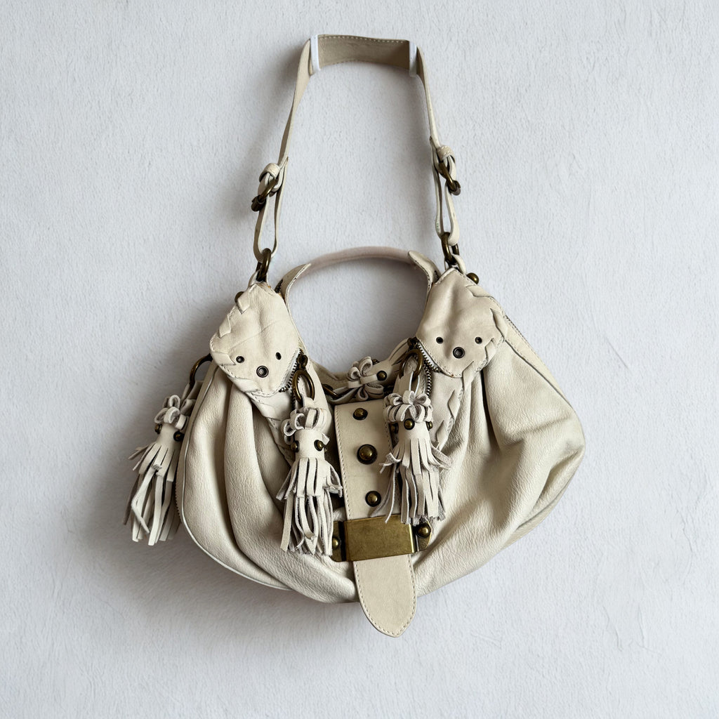 Mania Cream Studded Genuine Italian Leather Hobo Shoulder Bag