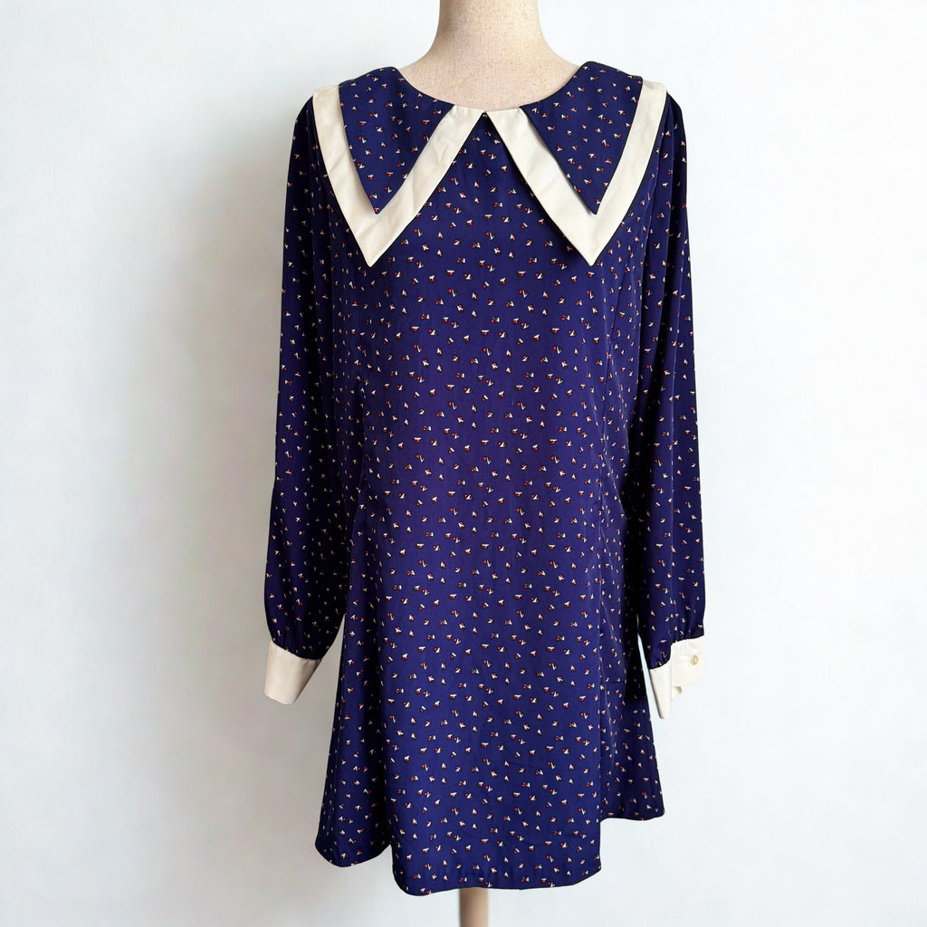 Retro Blue Printed Pointed Collar Dress