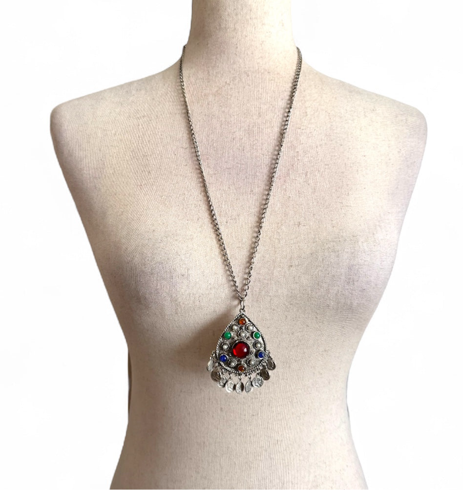Silver Gemstone Long Pendant Necklace