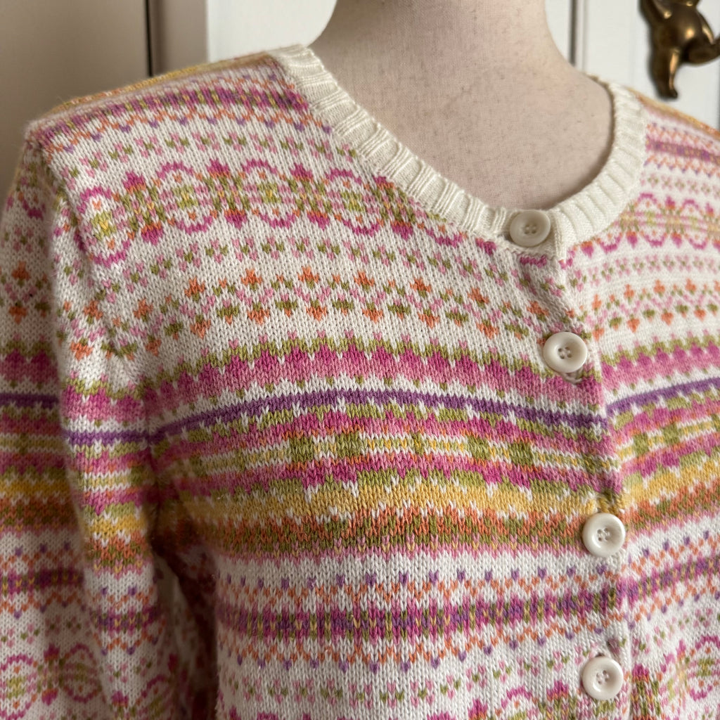 Fair Isle Pink Orange Button Front Cardigan Sweater