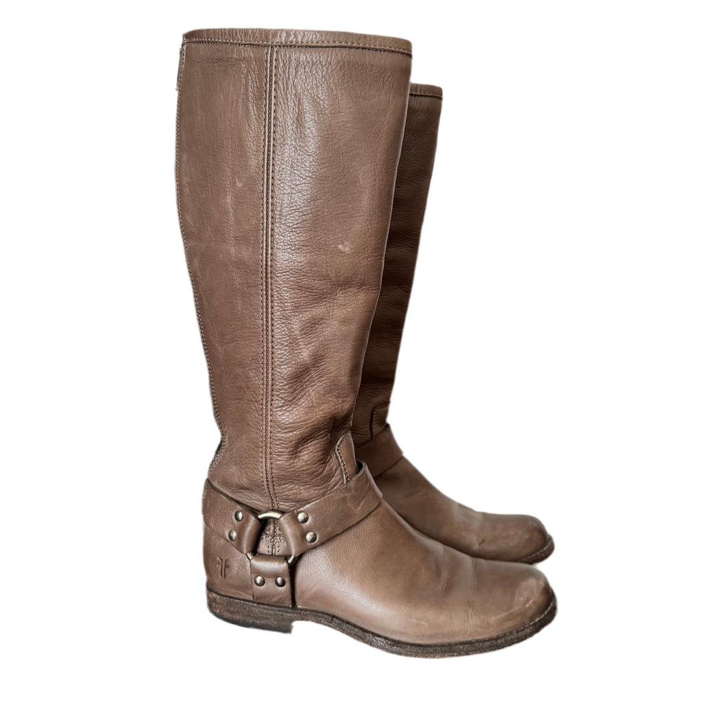 Frye Knee High Harness Taupe Leather Boots