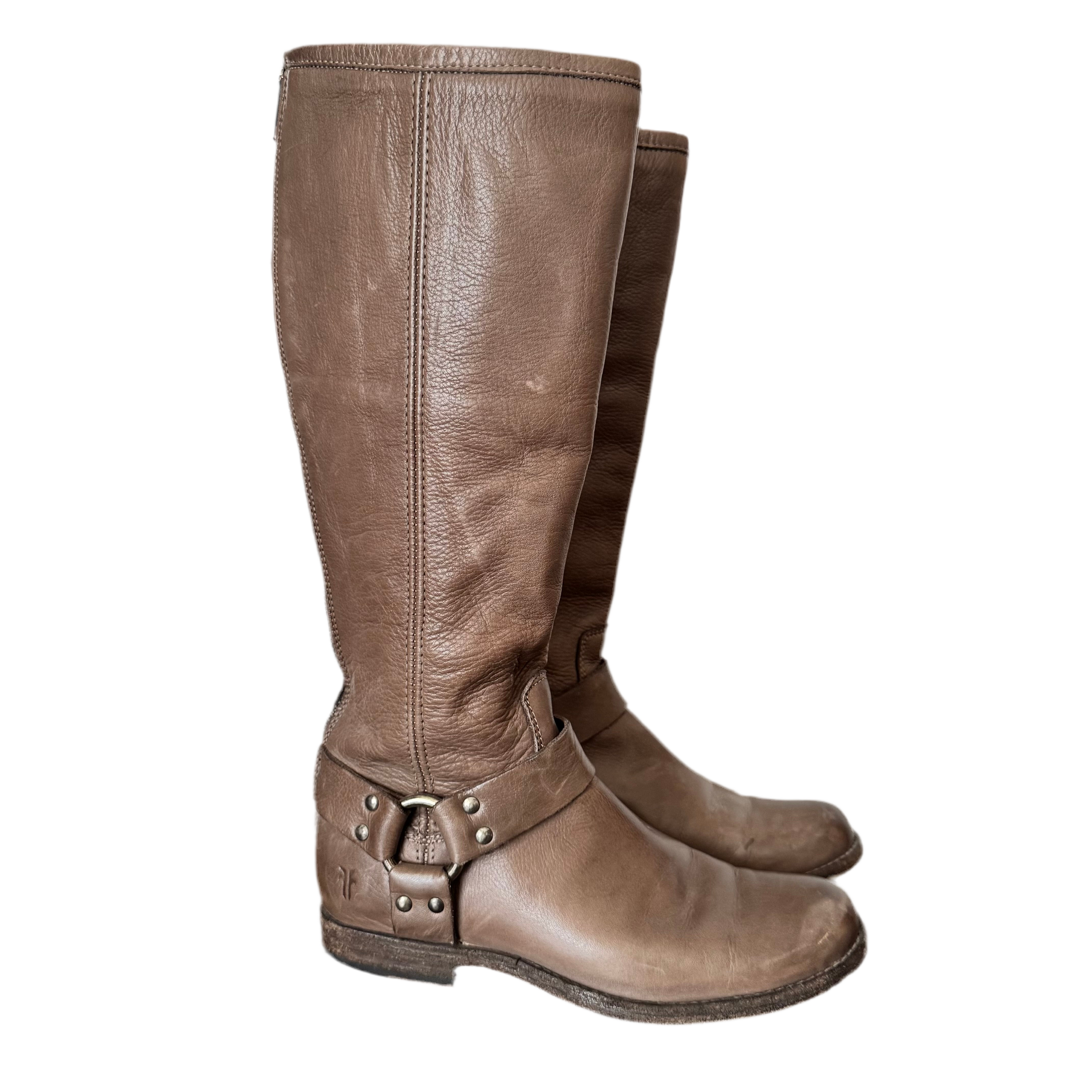 Frye Knee High Harness Taupe Leather Boots