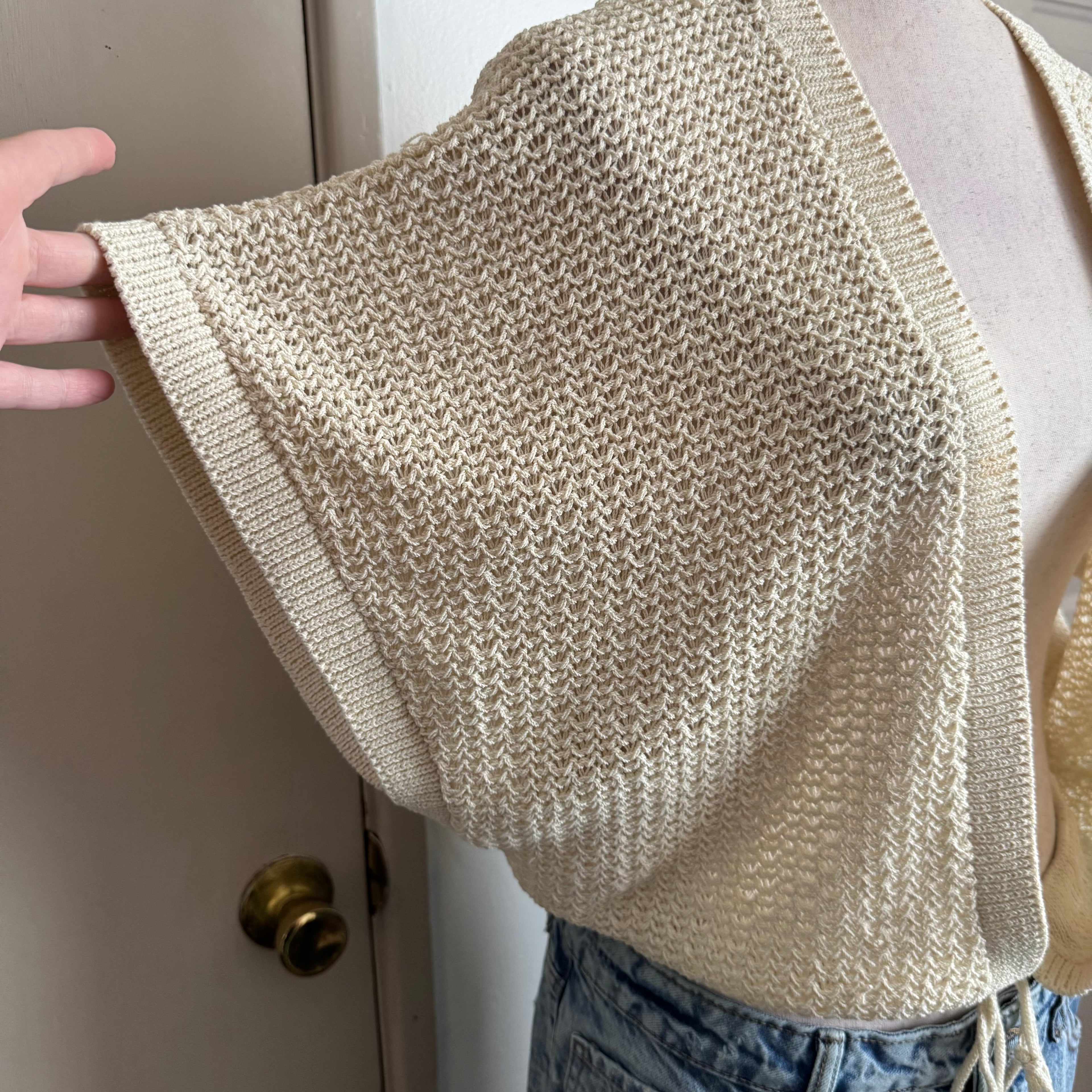Crochet Knit Tie Waist Cream Slouchy Cardigan