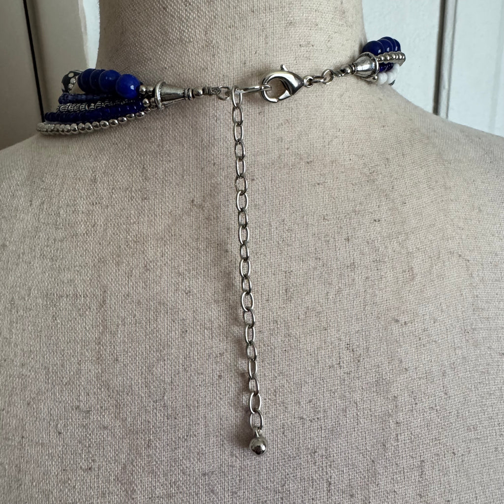 Large Blue Beaded Layered Pendant Necklace