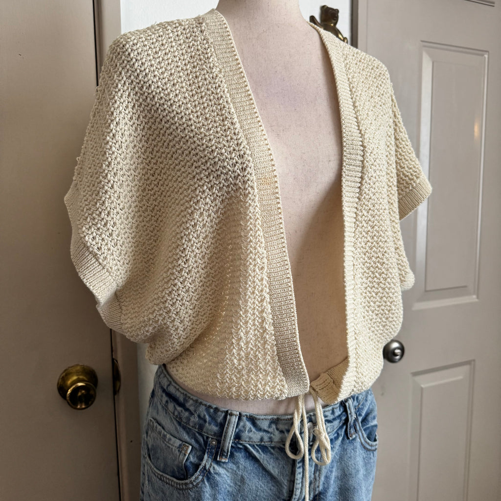 Crochet Knit Tie Waist Cream Slouchy Cardigan