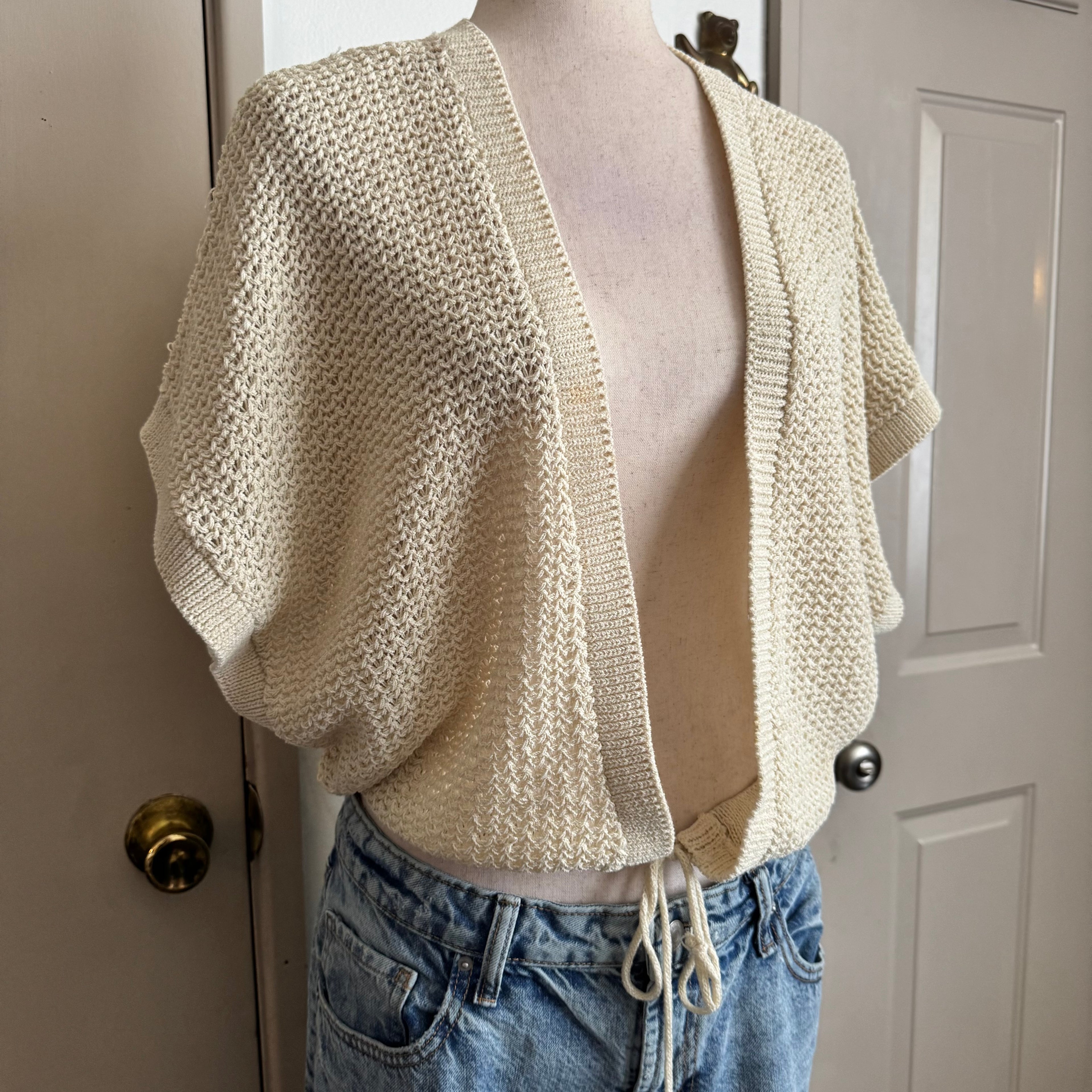 Crochet Knit Tie Waist Cream Slouchy Cardigan