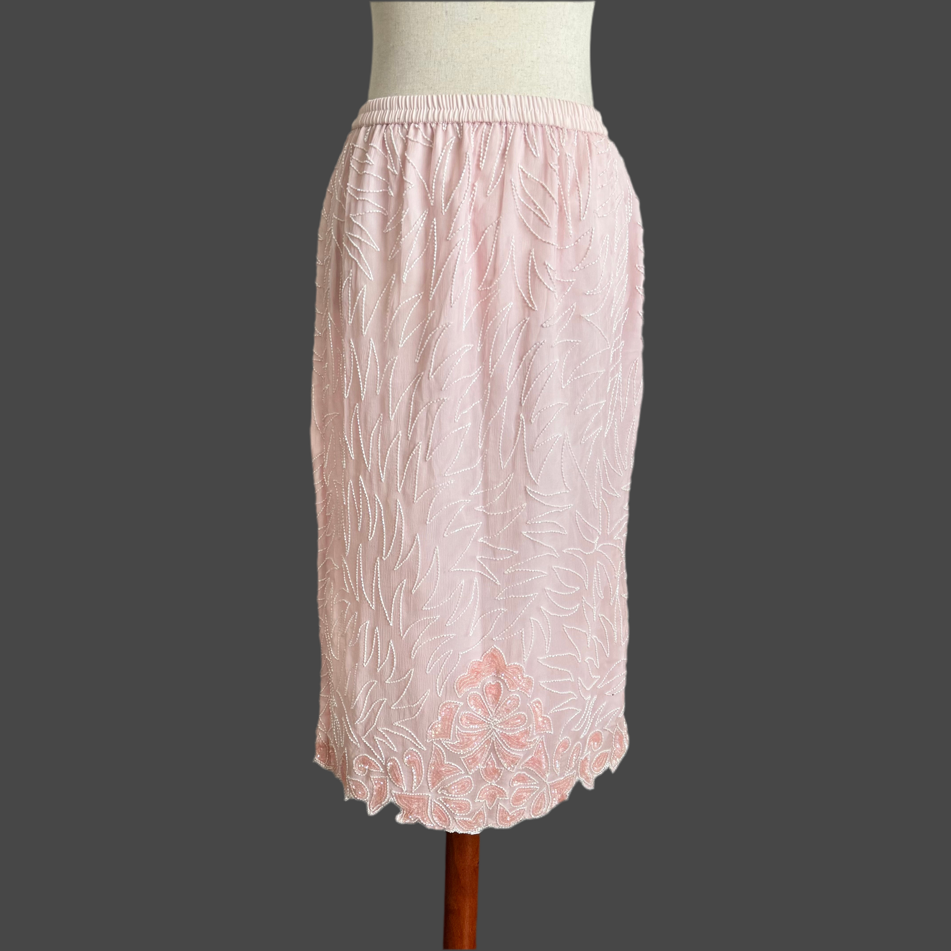 Baby Pink Beaded Midi Pencil Skirt