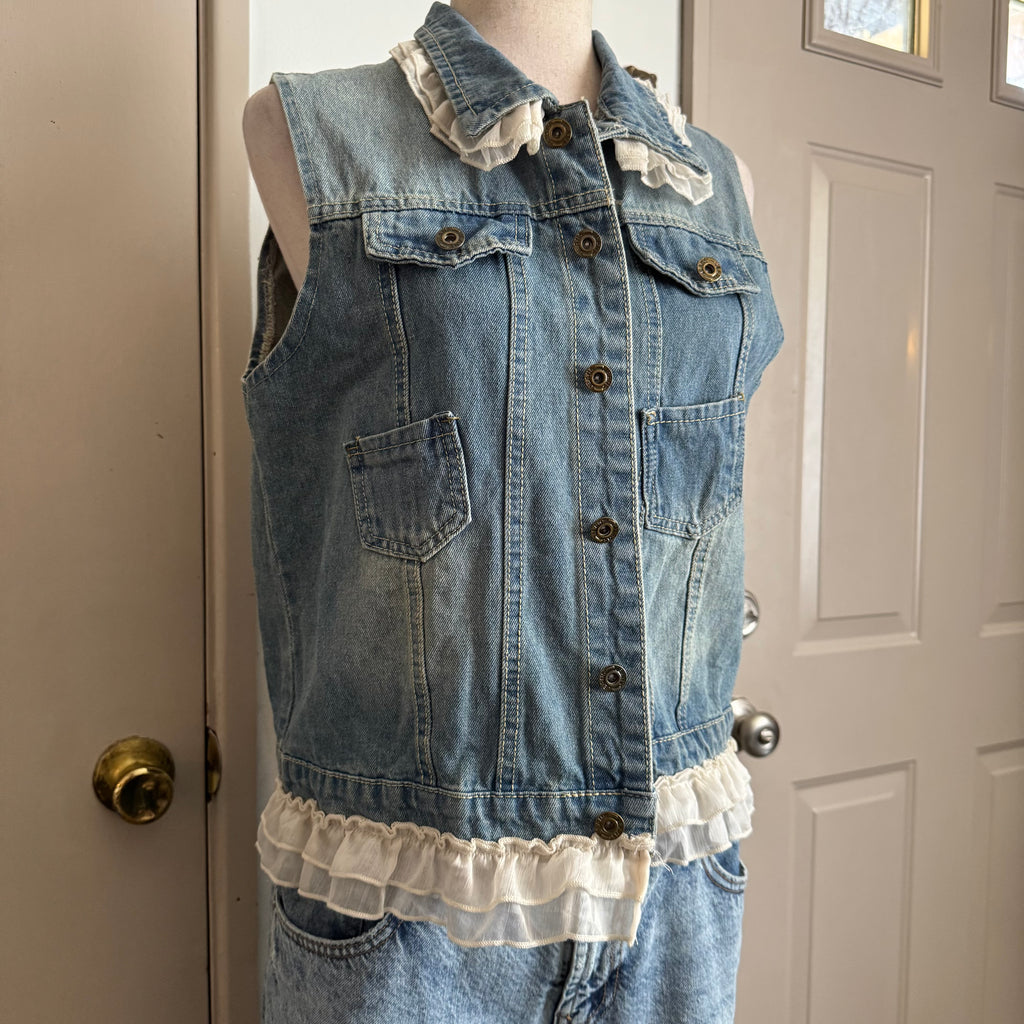 Denim Ruffle Trim Vest Jacket