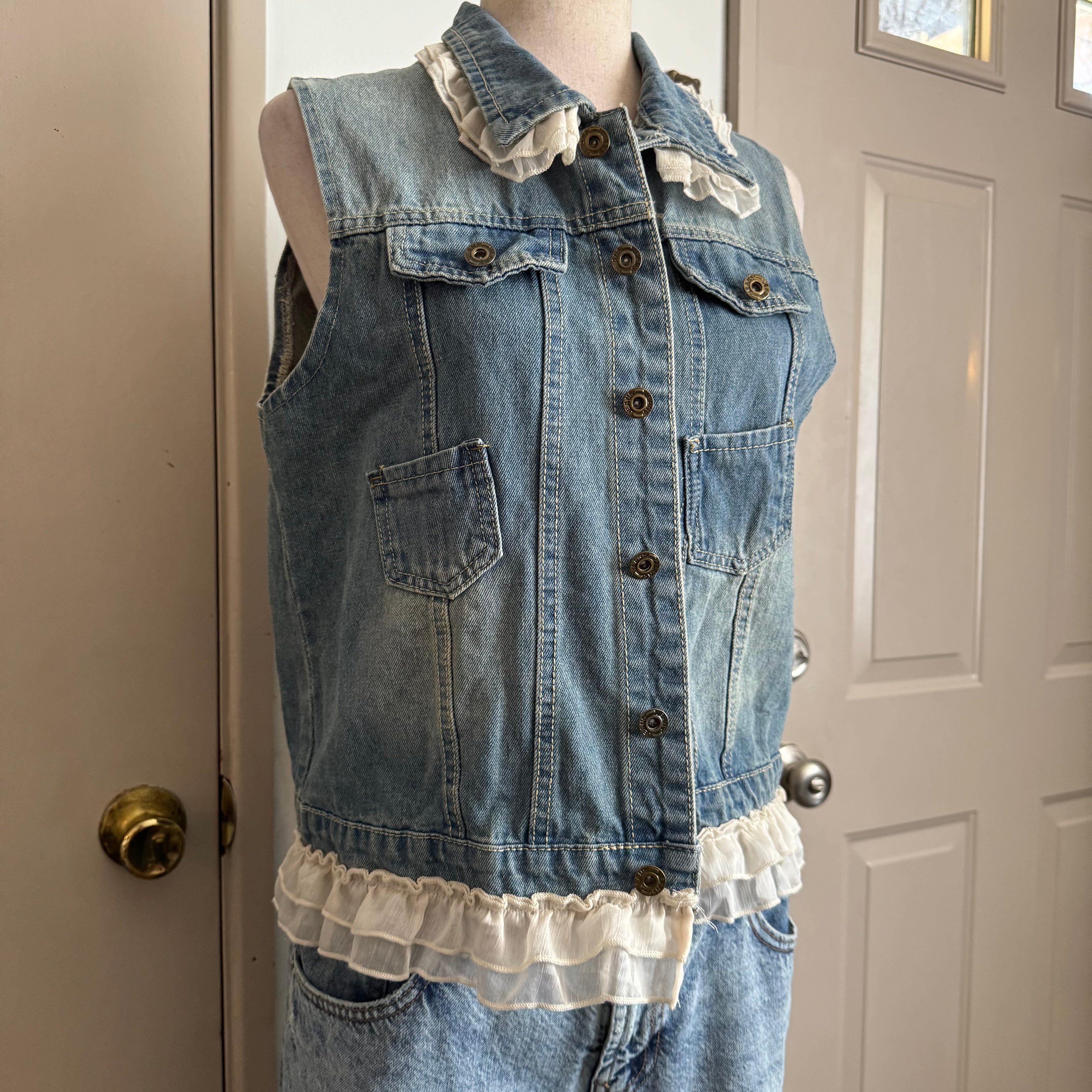 Denim Ruffle Trim Vest Jacket