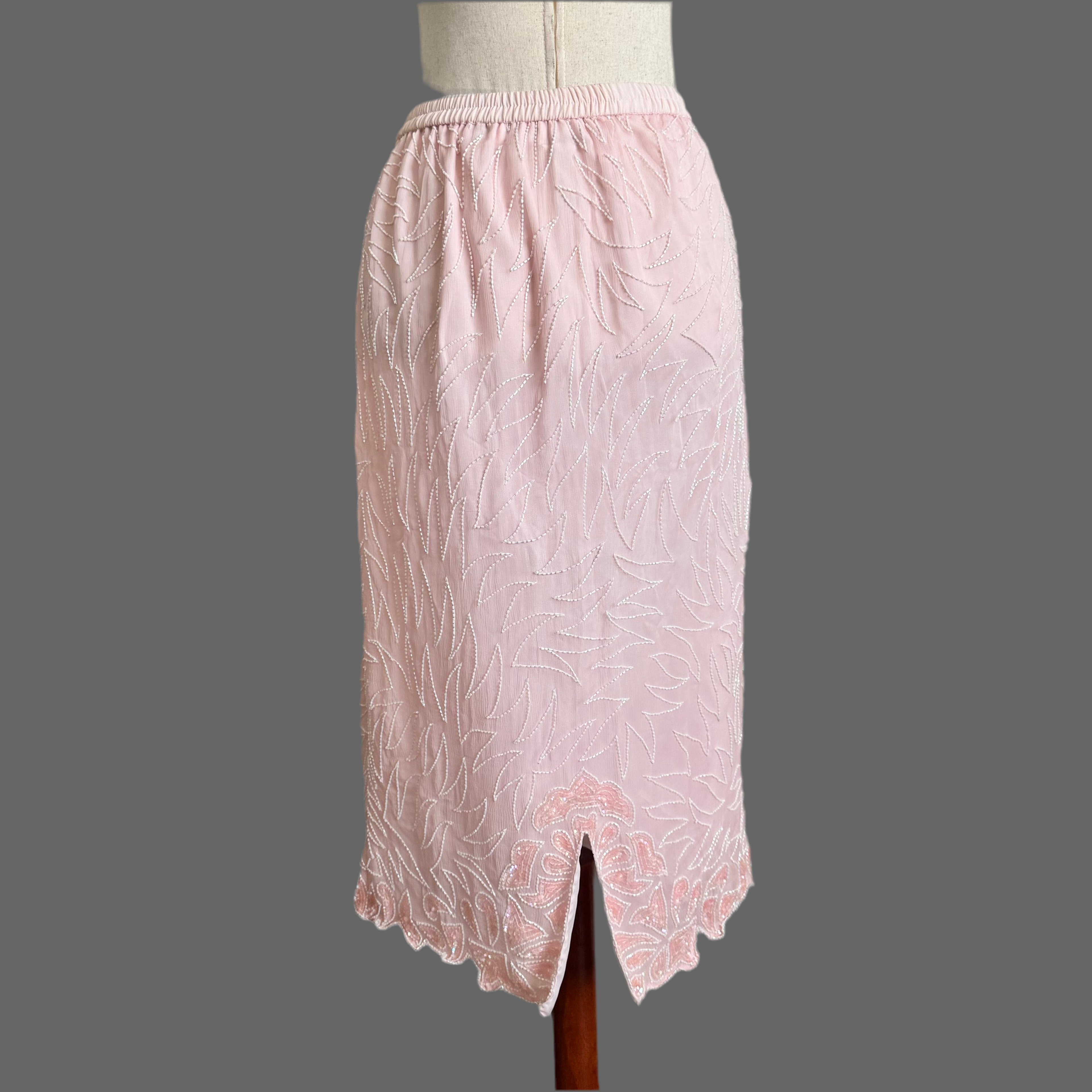 Baby Pink Beaded Midi Pencil Skirt