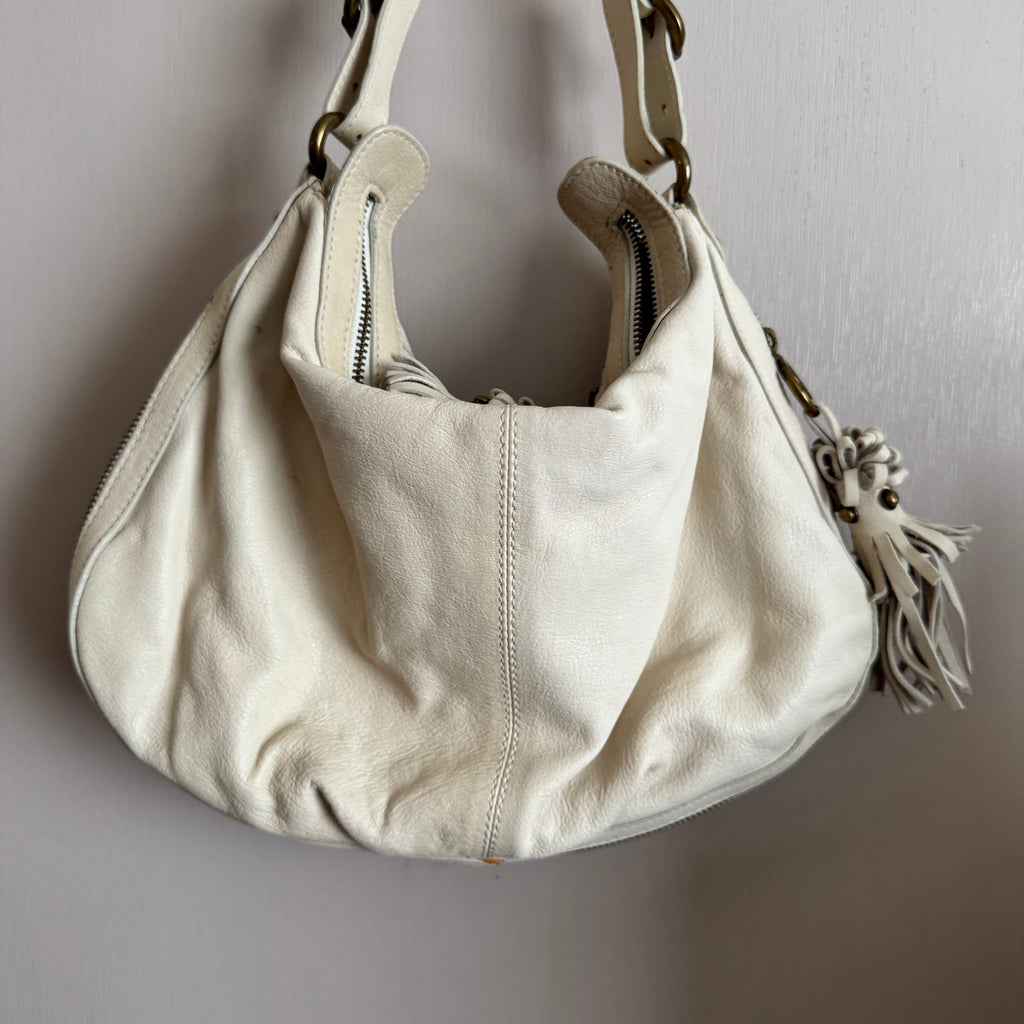 Mania Cream Studded Genuine Italian Leather Hobo Shoulder Bag