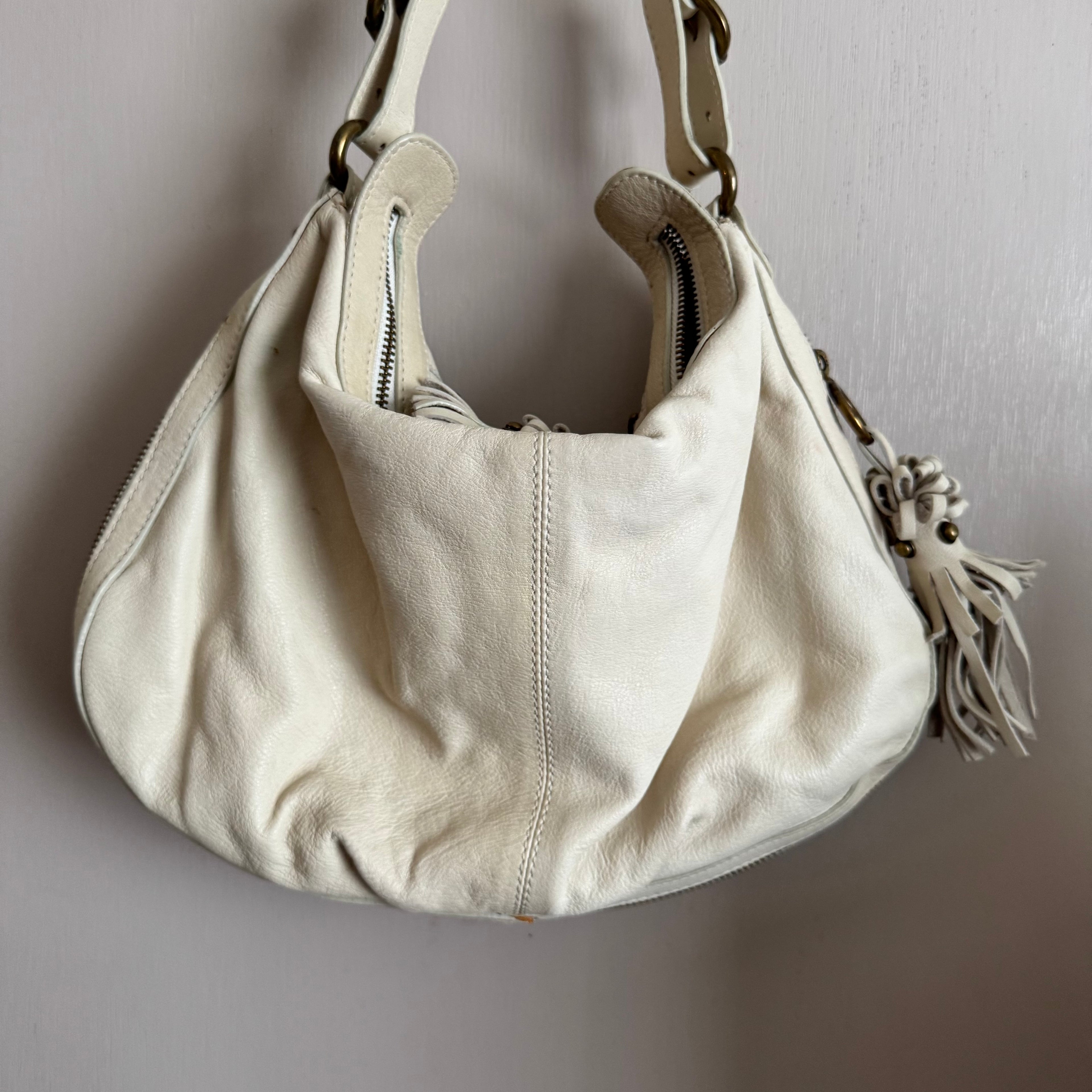 Mania Cream Studded Genuine Italian Leather Hobo Shoulder Bag