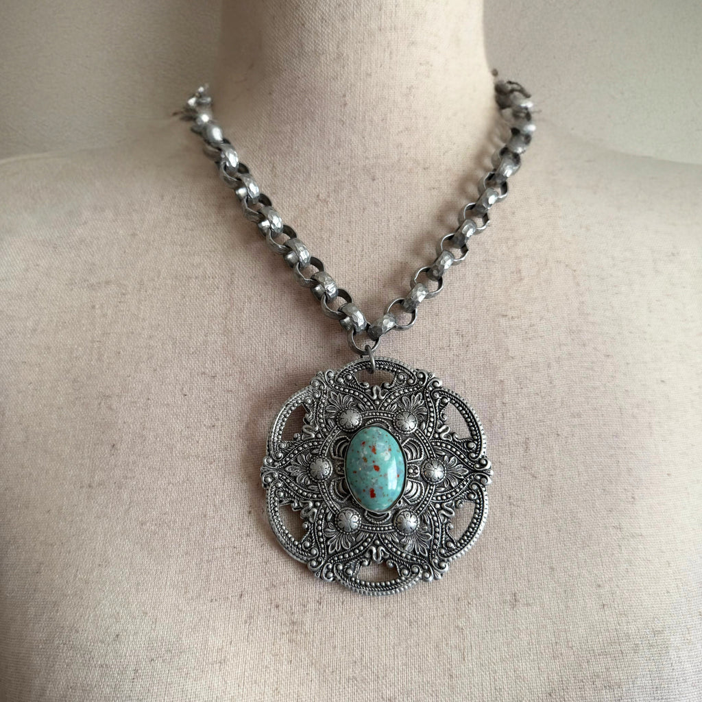 60’s Silver Aluminum Turquoise Western Large Pendant Necklace