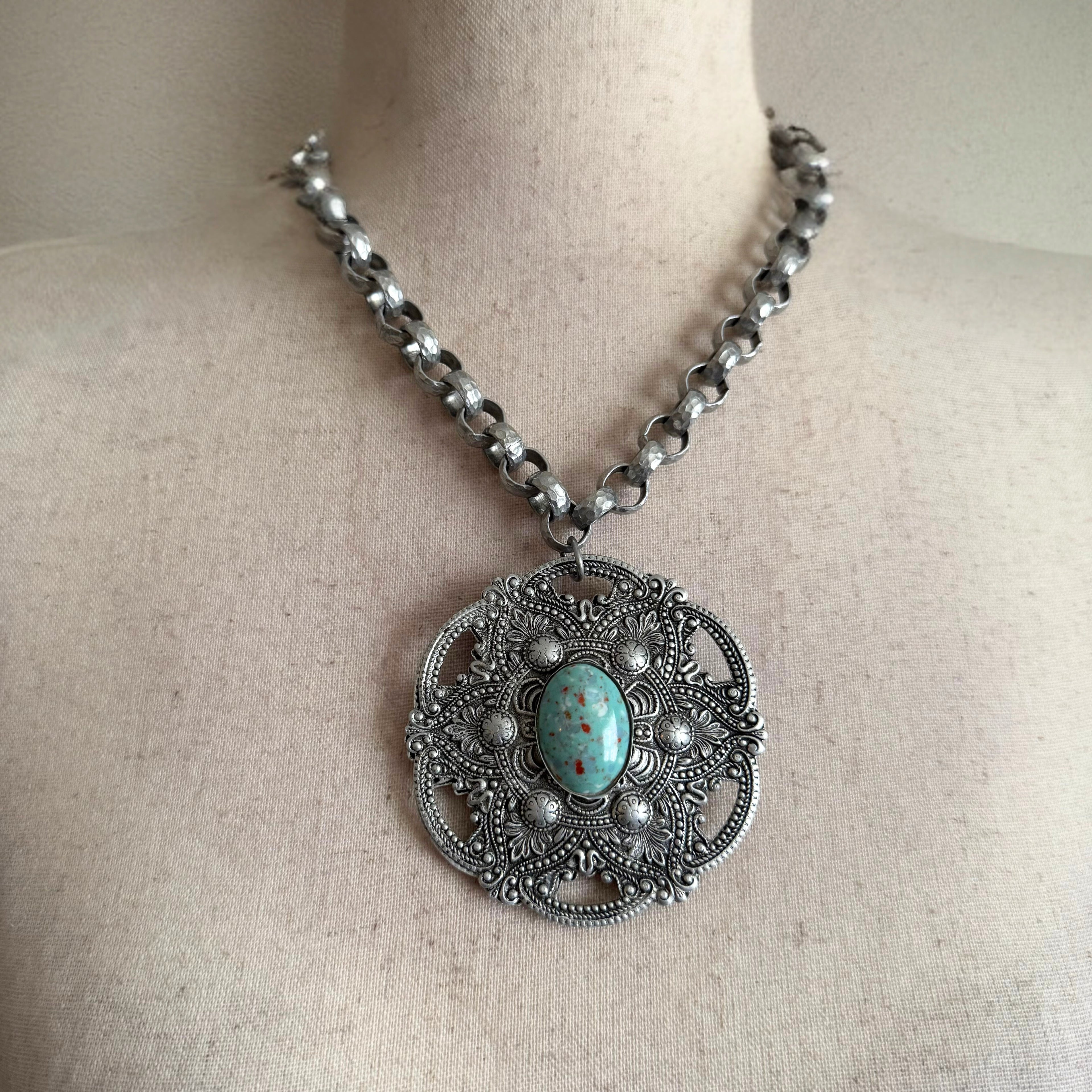 60’s Silver Aluminum Turquoise Western Large Pendant Necklace