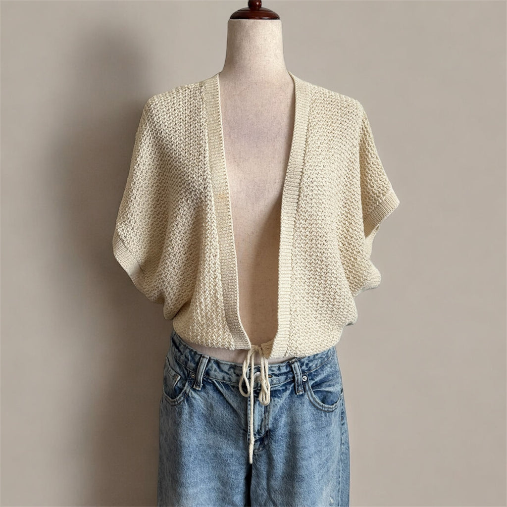 Crochet Knit Tie Waist Cream Slouchy Cardigan