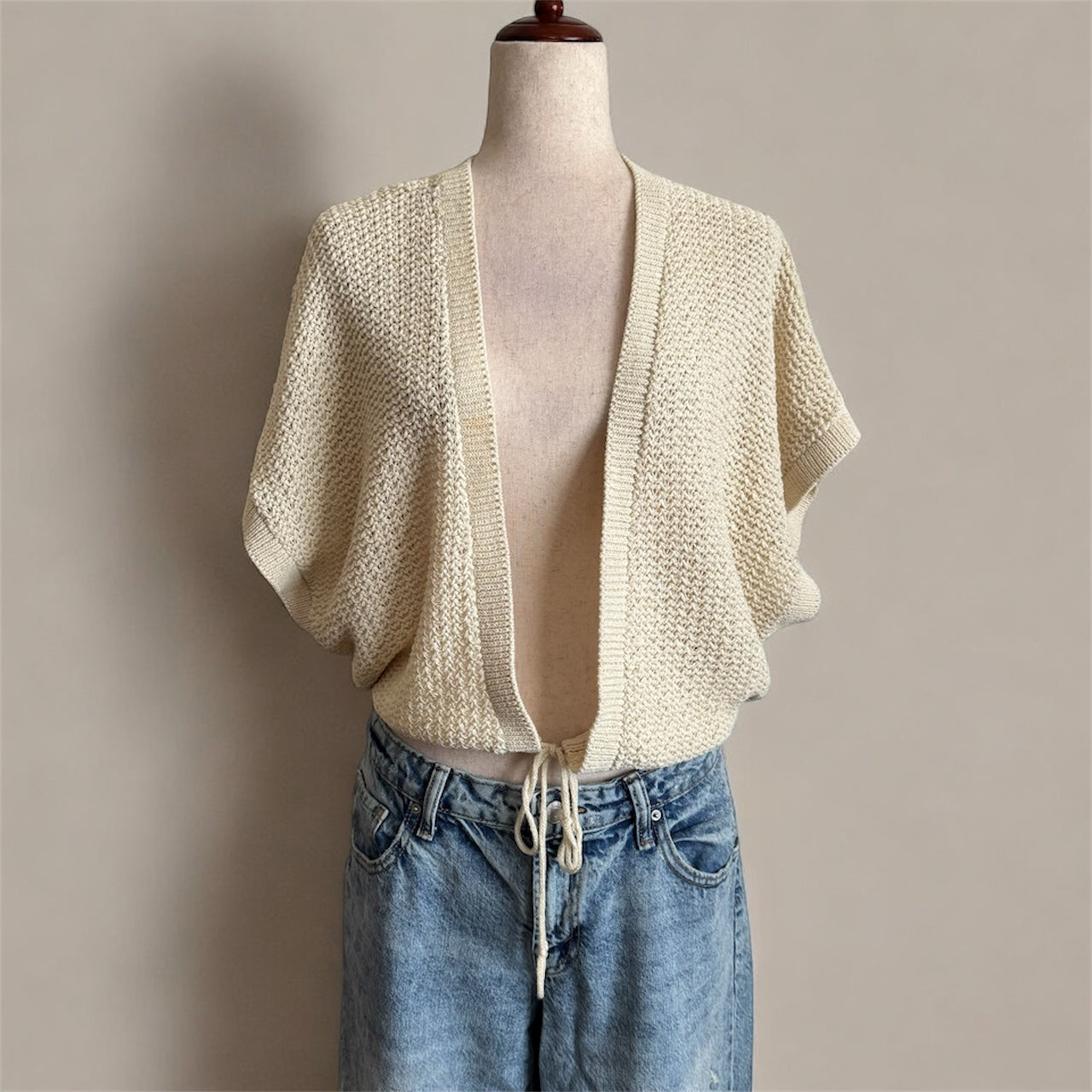Crochet Knit Tie Waist Cream Slouchy Cardigan
