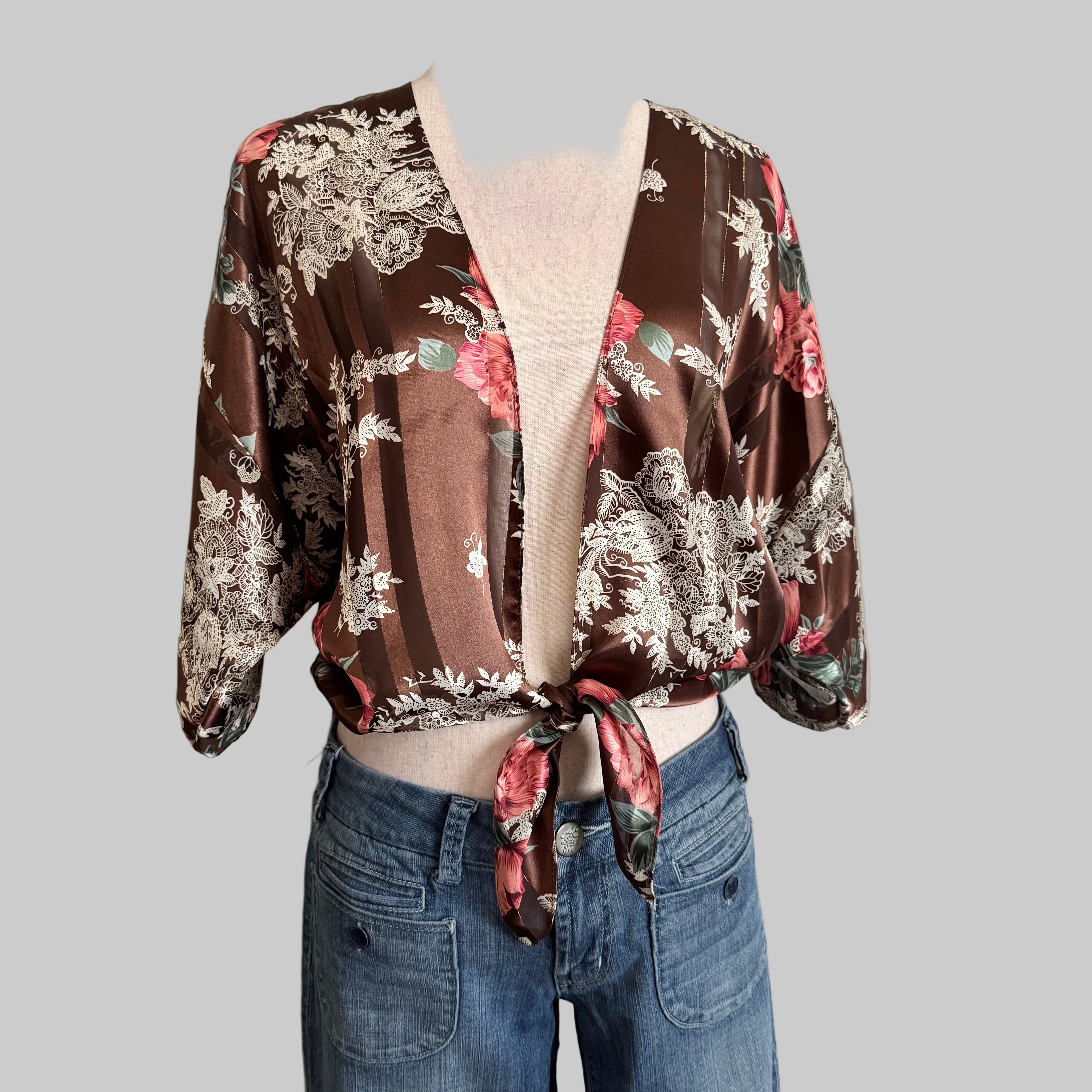 Brown Floral Tie Front Blouse