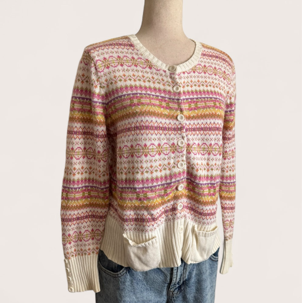 Fair Isle Pink Orange Button Front Cardigan Sweater