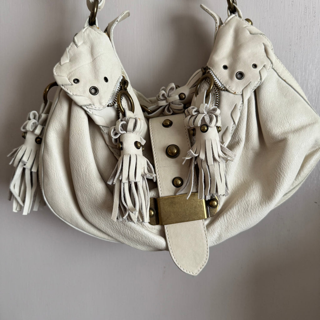 Mania Cream Studded Genuine Italian Leather Hobo Shoulder Bag