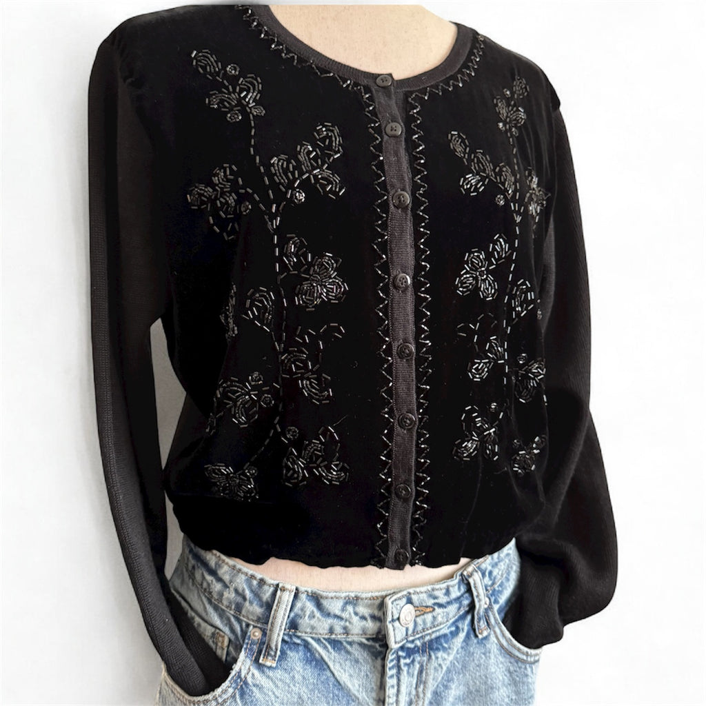 Black Velvet Beaded Cardigan Sweater