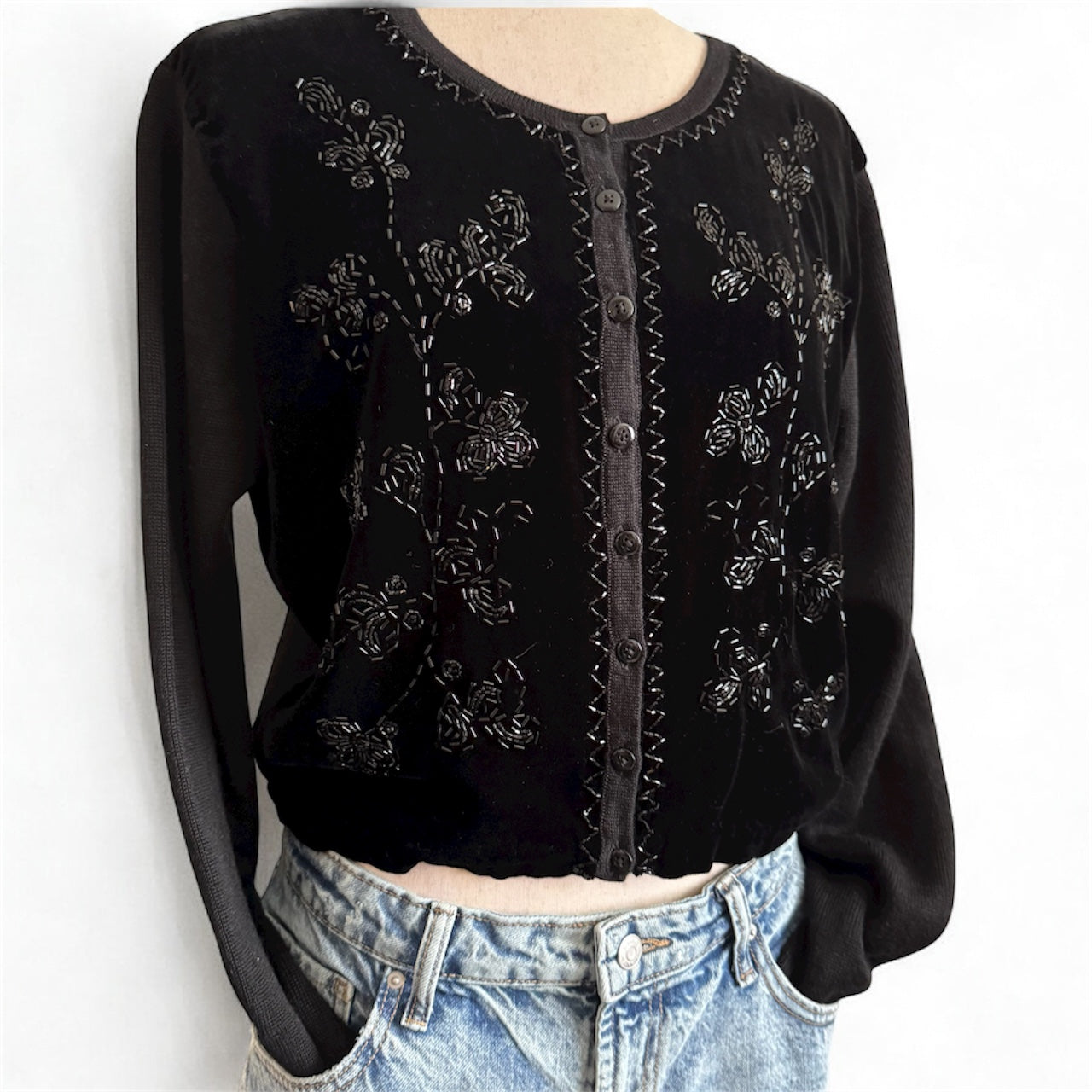 Black Velvet Beaded Cardigan Sweater