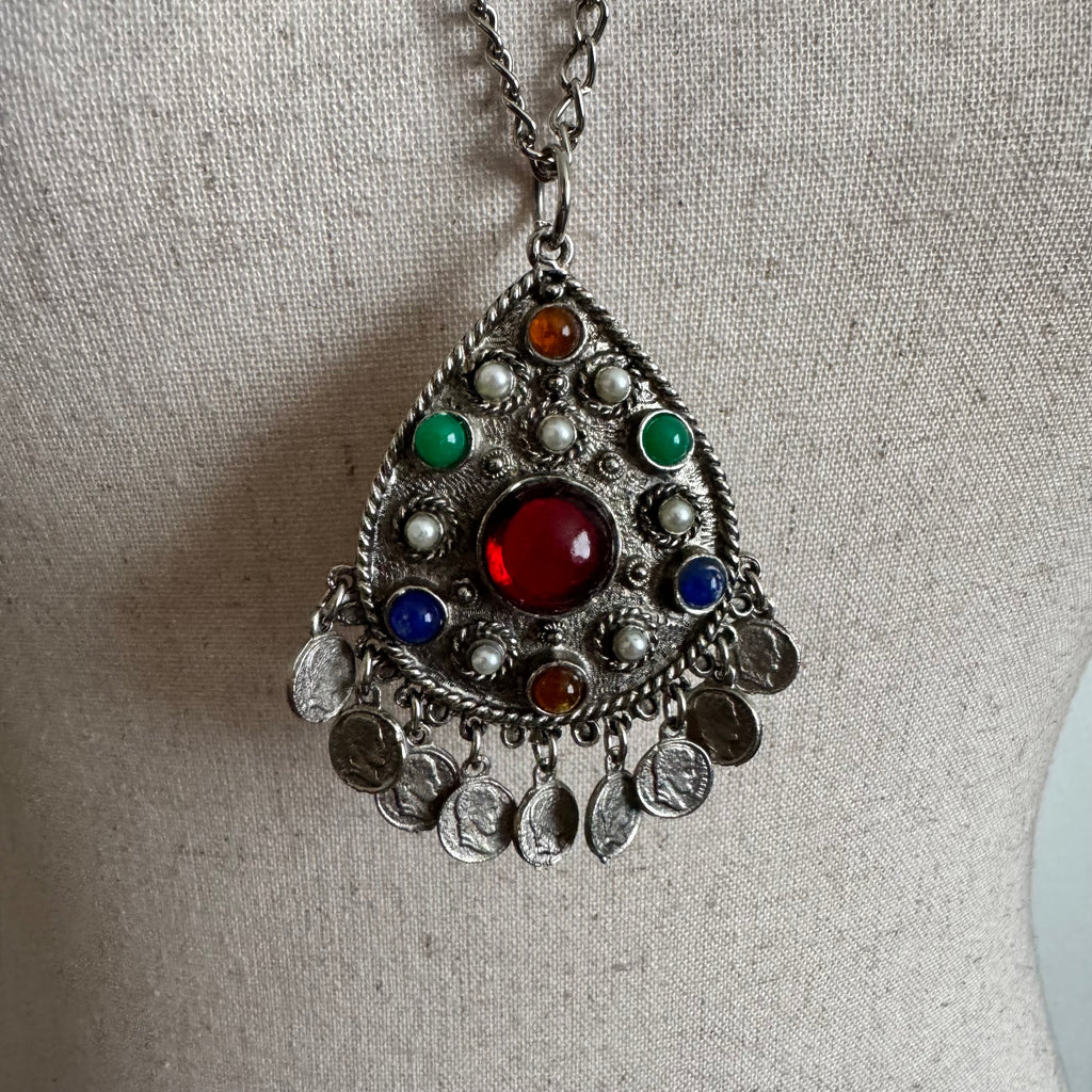 Silver Gemstone Long Pendant Necklace