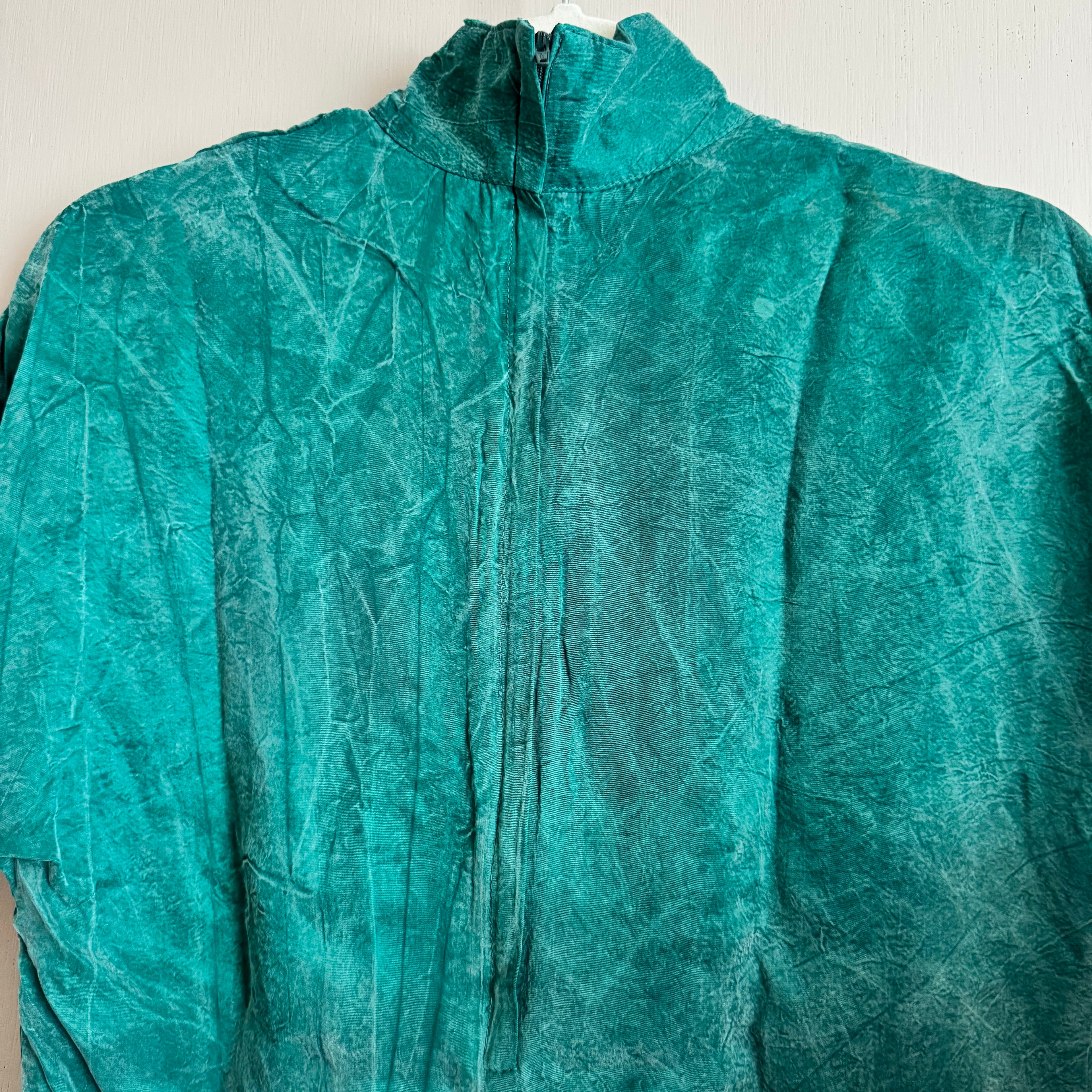 Teal Silk Turtleneck Short Sleeve Top
