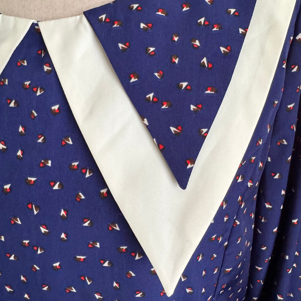 Retro Blue Printed Pointed Collar Dress