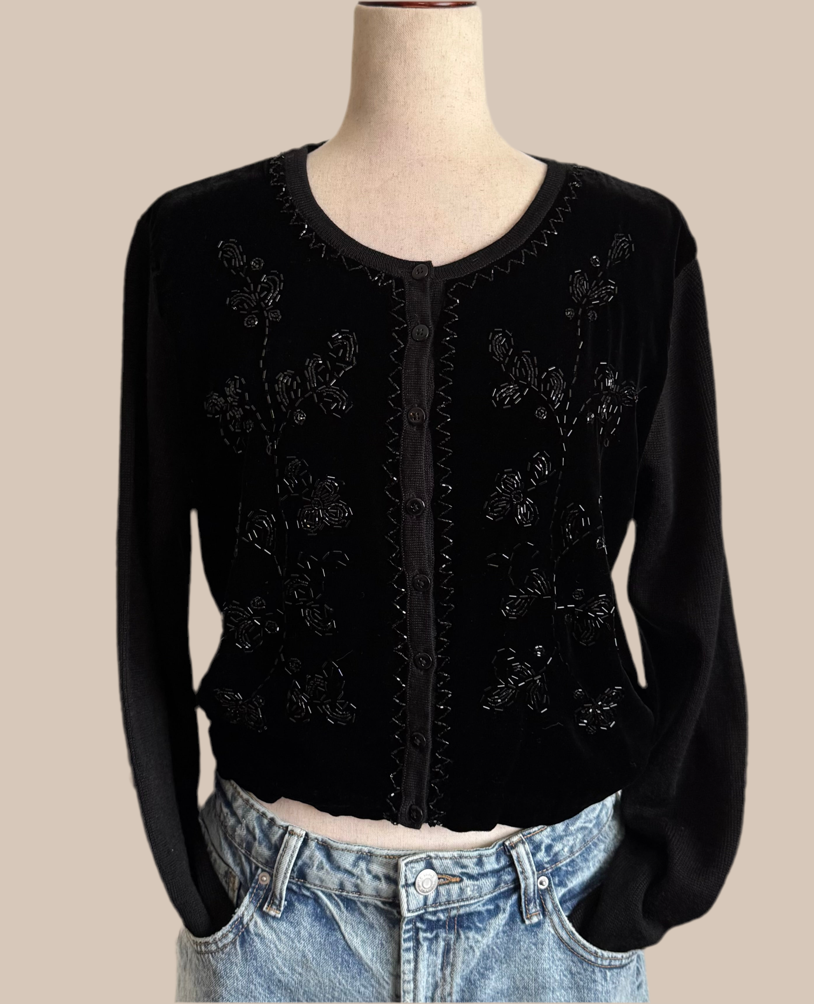 Black Velvet Beaded Cardigan Sweater