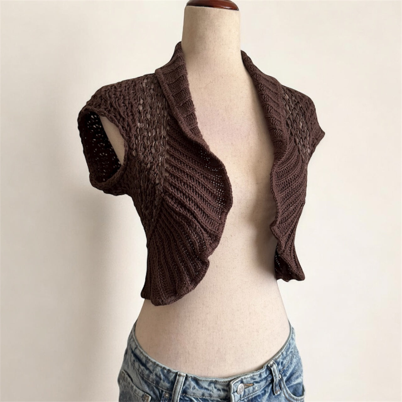 Brown Open Knit Shrug Cardigan Sweater