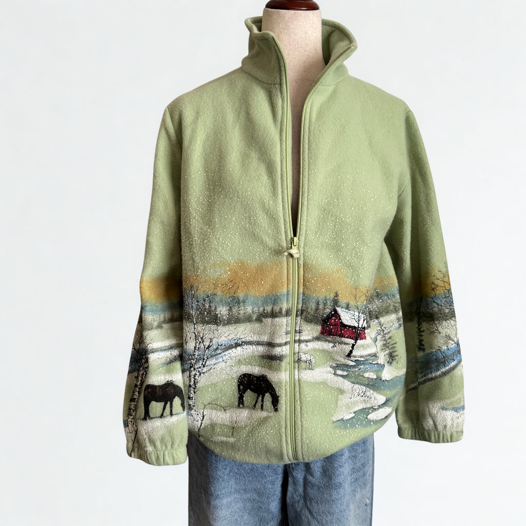 Green Snowy Horse All Over Print Fleece Zip Up Jacket