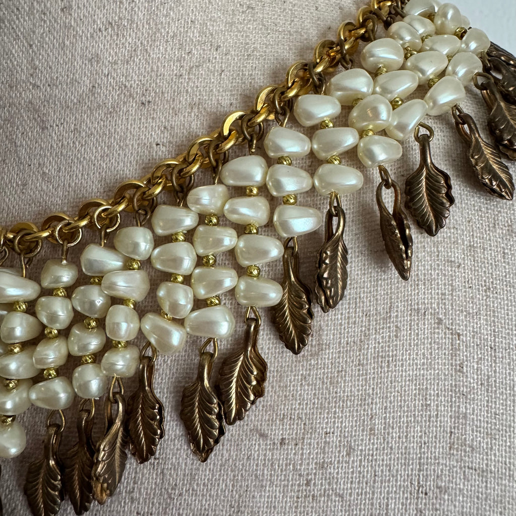 Pearl & Gold Leaf Statement Collar Necklace