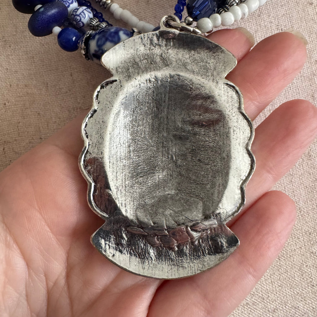 Large Blue Beaded Layered Pendant Necklace