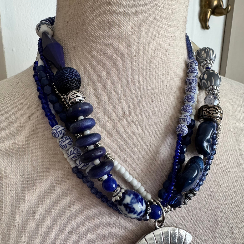 Large Blue Beaded Layered Pendant Necklace