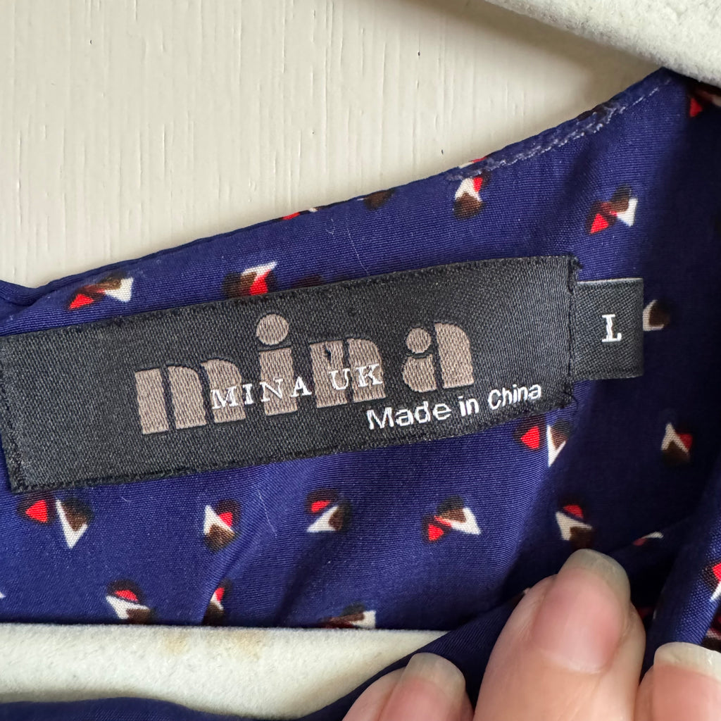 Retro Blue Printed Pointed Collar Dress