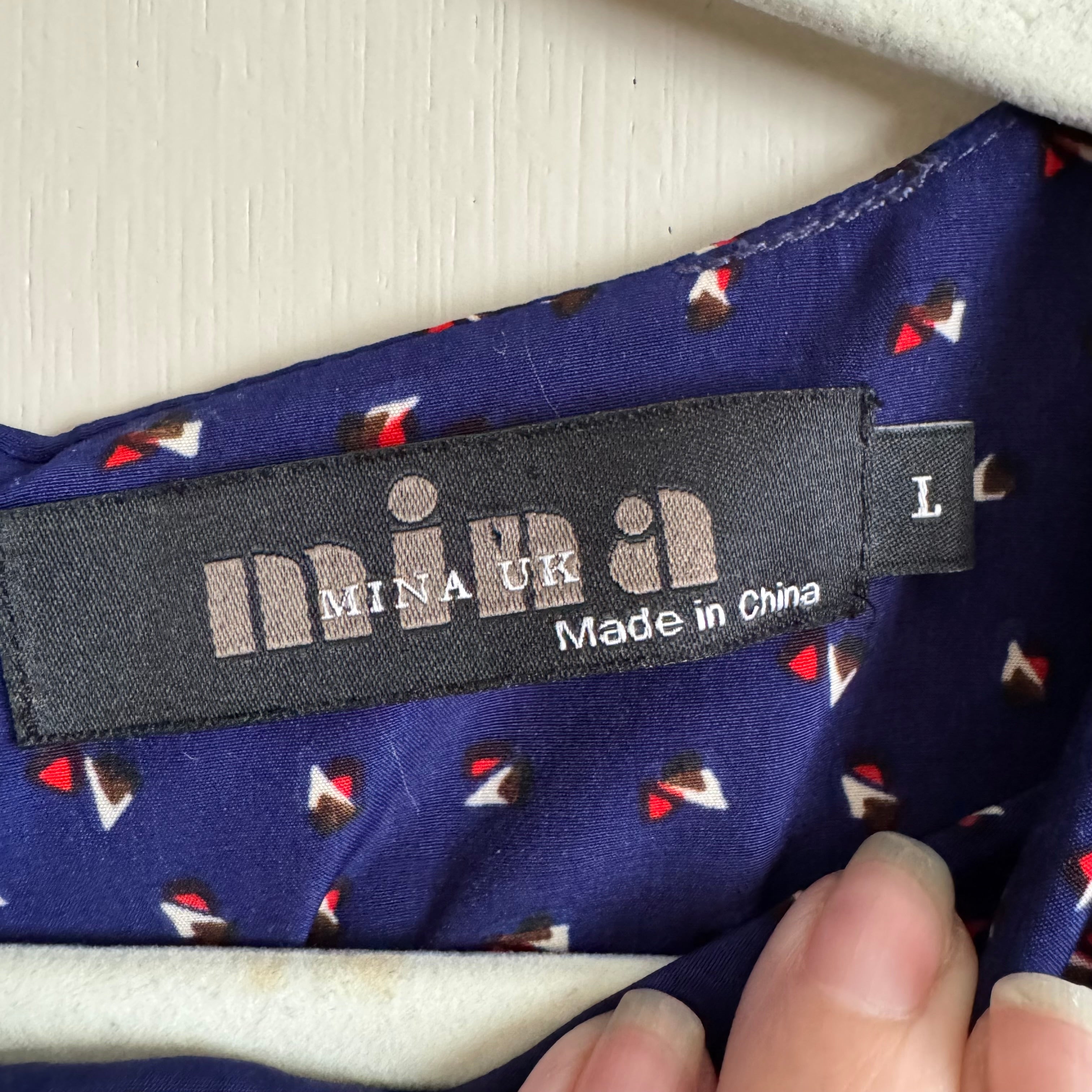 Retro Blue Printed Pointed Collar Dress