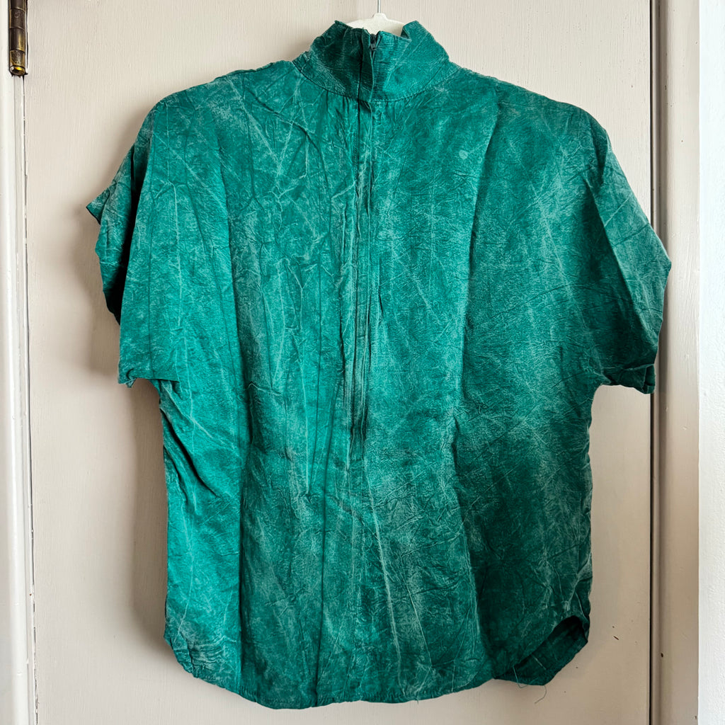Teal Silk Turtleneck Short Sleeve Top