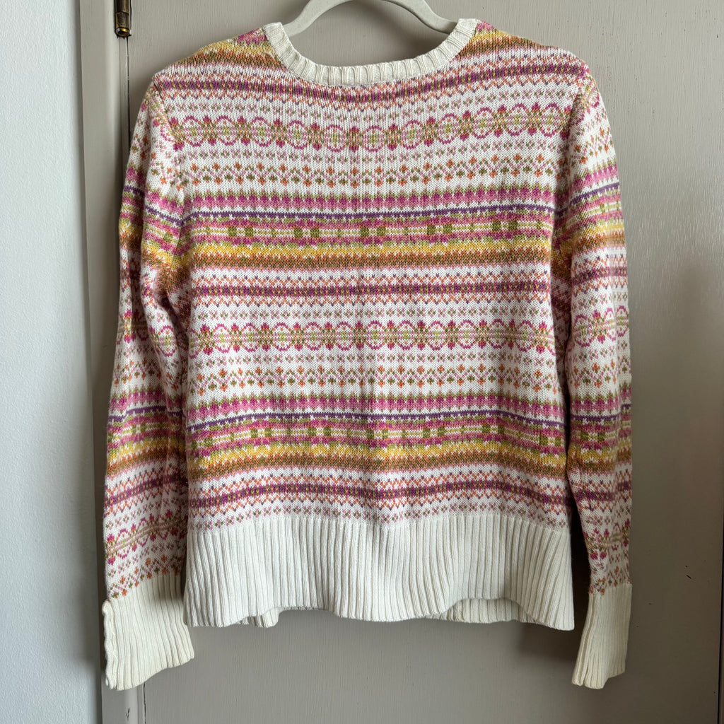 Fair Isle Pink Orange Button Front Cardigan Sweater