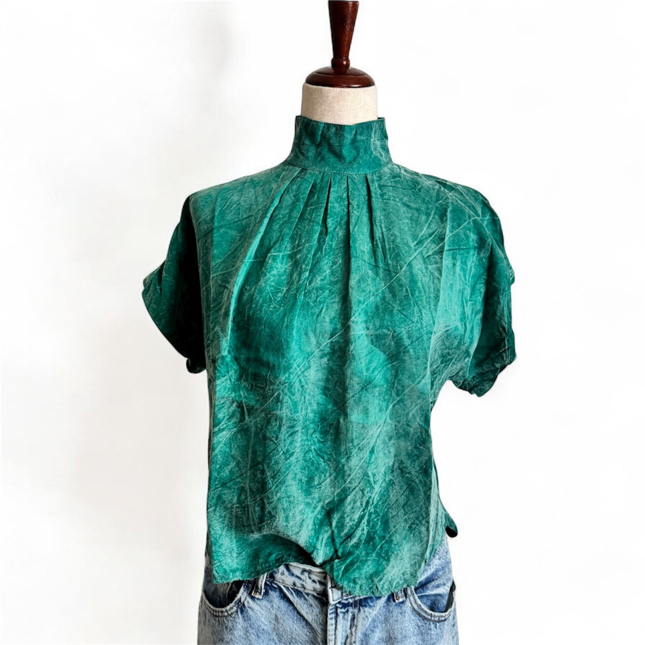 Teal Silk Turtleneck Short Sleeve Top