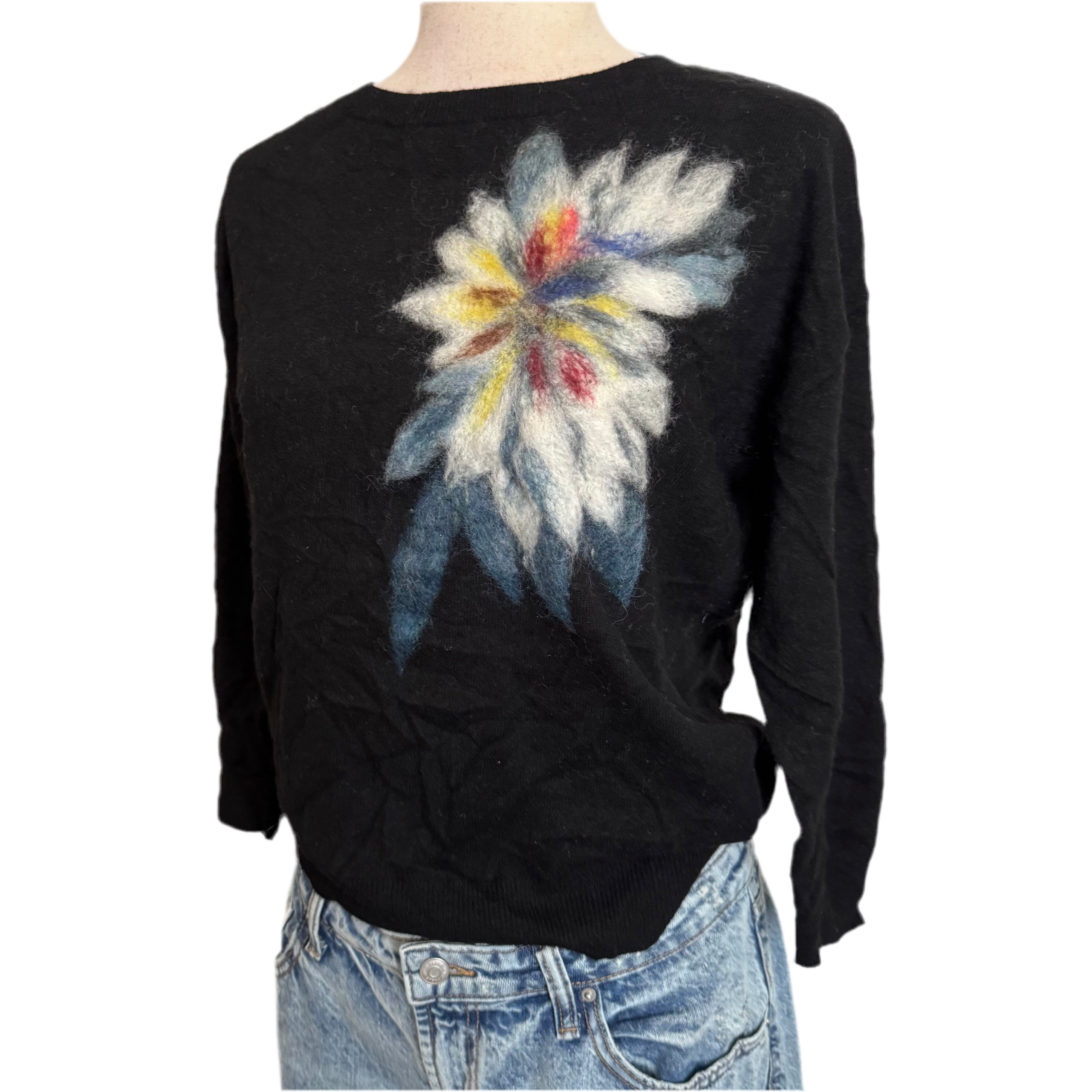 Black Wool Felt Flower Sweater