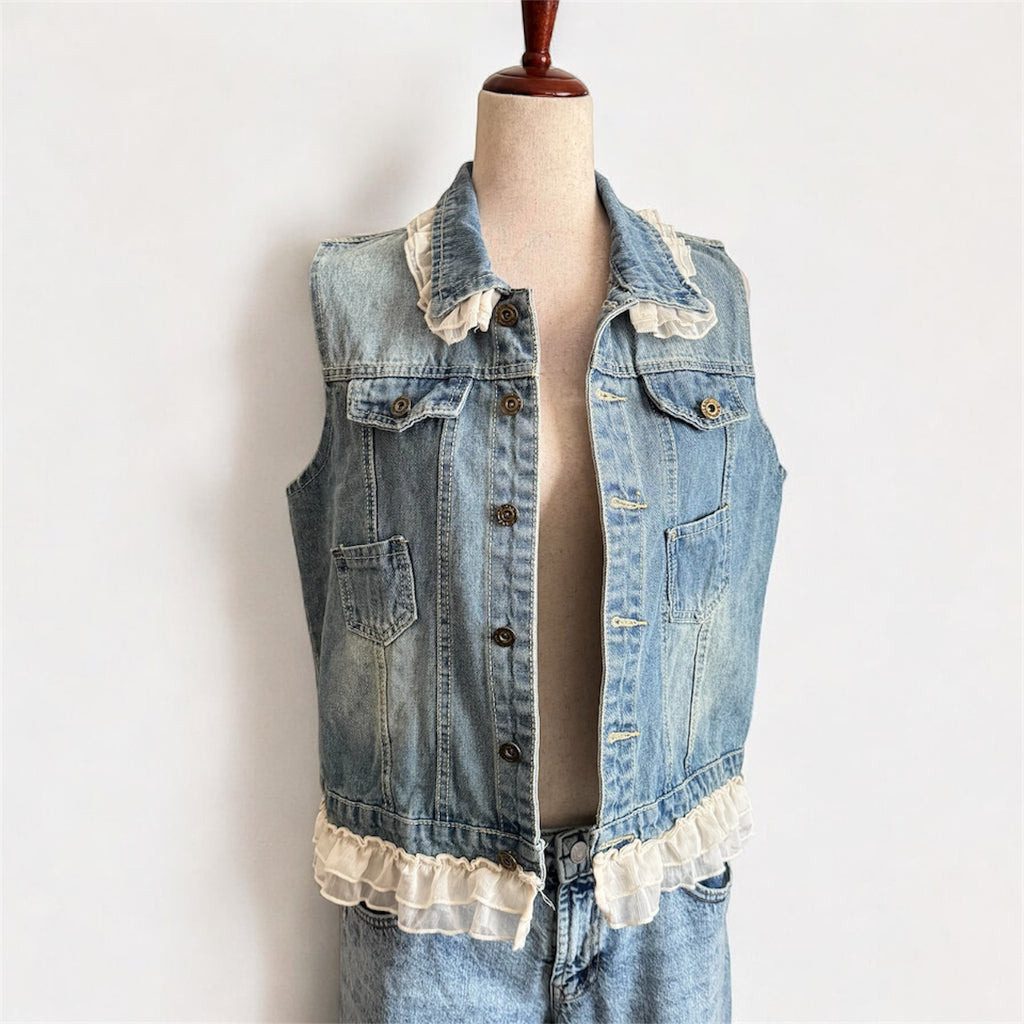 Denim Ruffle Trim Vest Jacket