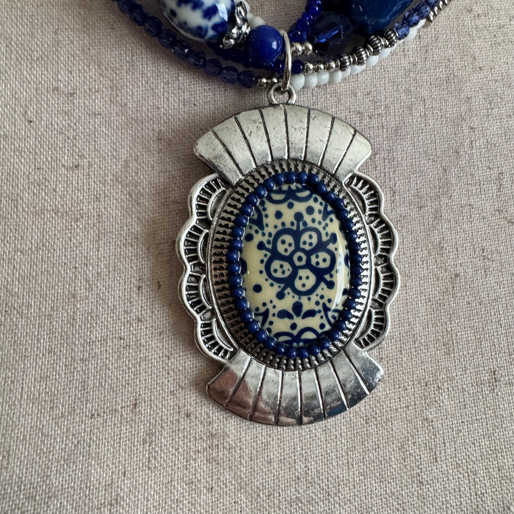 Large Blue Beaded Layered Pendant Necklace