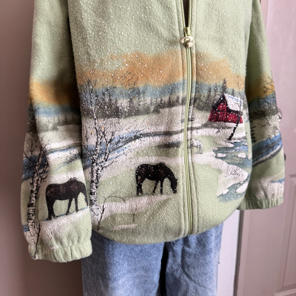 Green Snowy Horse All Over Print Fleece Zip Up Jacket