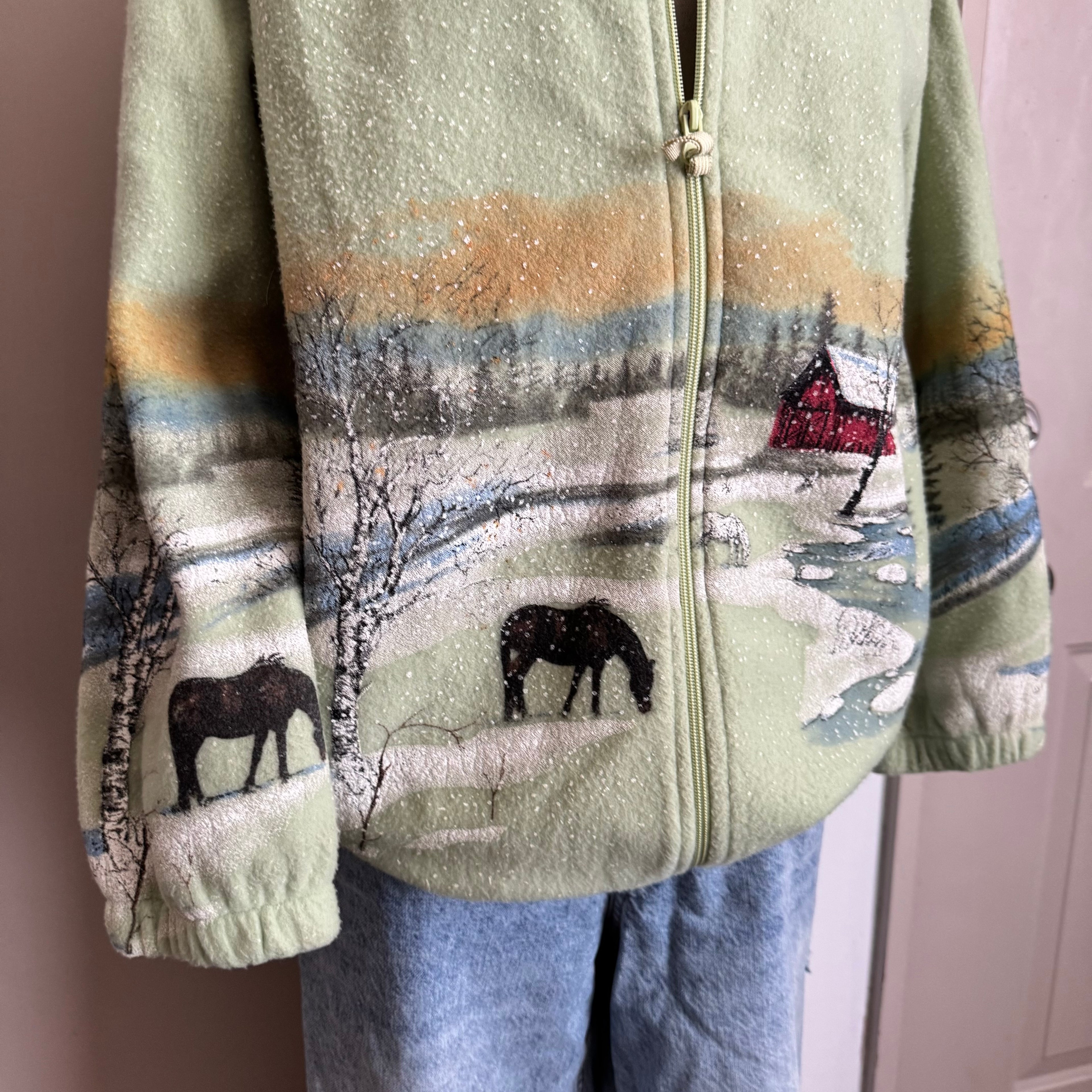 Green Snowy Horse All Over Print Fleece Zip Up Jacket