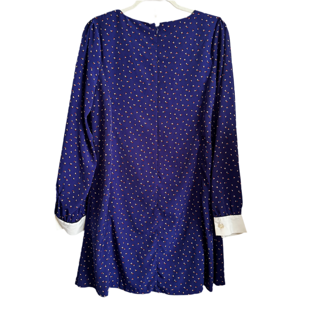 Retro Blue Printed Pointed Collar Dress