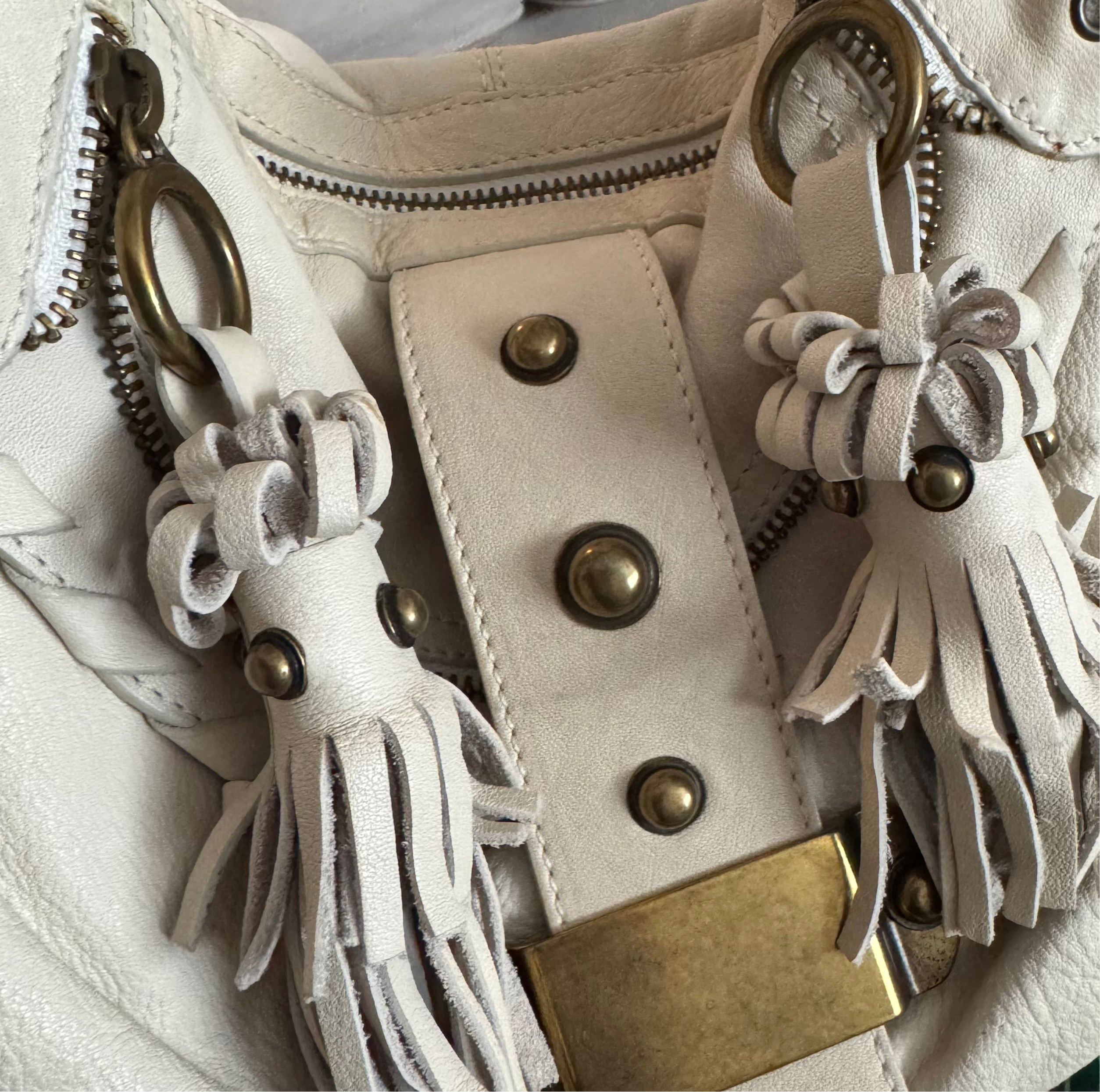 Mania Cream Studded Genuine Italian Leather Hobo Shoulder Bag